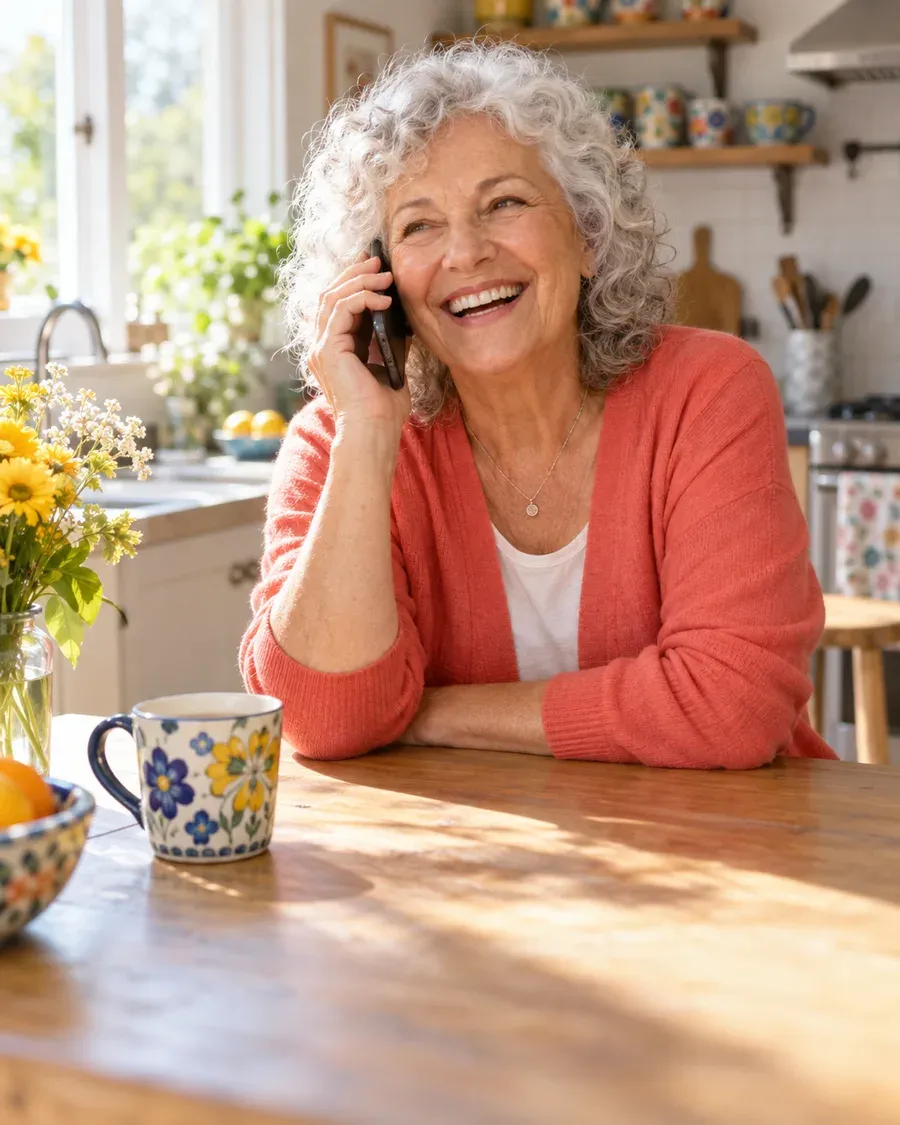 An AI-created older woman smiling during a phone call