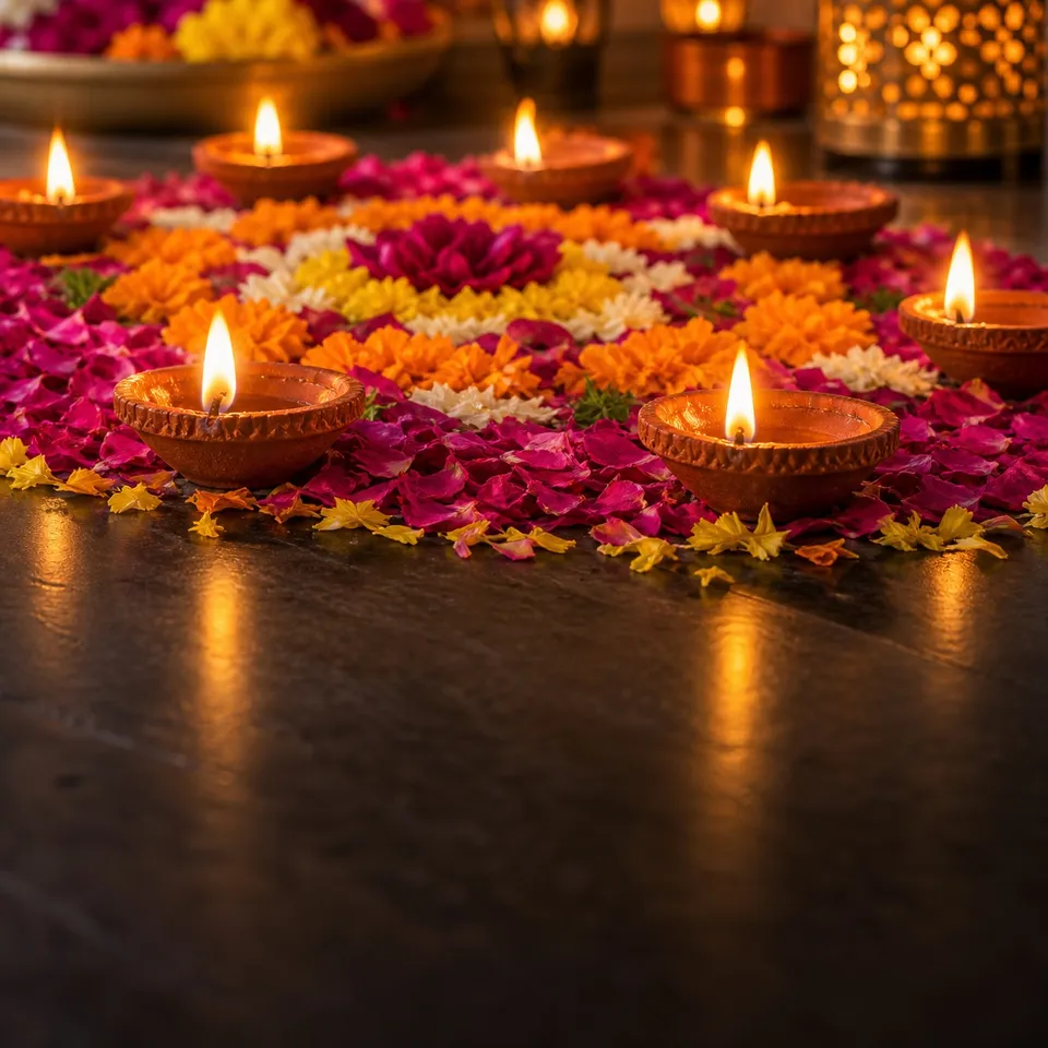 Glowing diyas surrounded by colorful flower petals