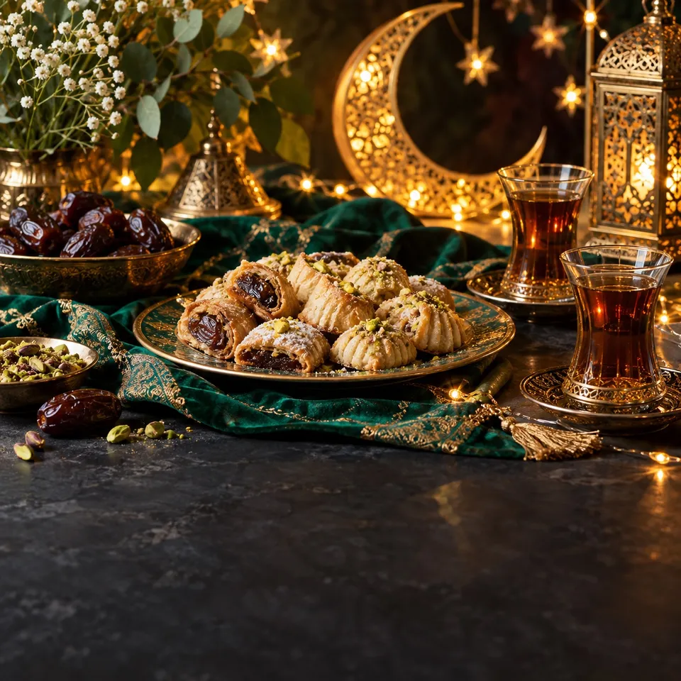 Festive pastries, tea, and gold decorations