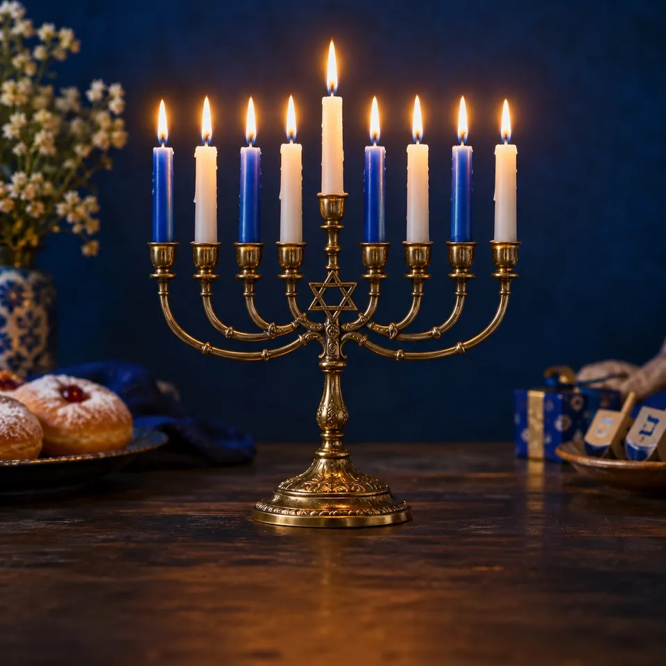 Nine candles glowing against a blue background