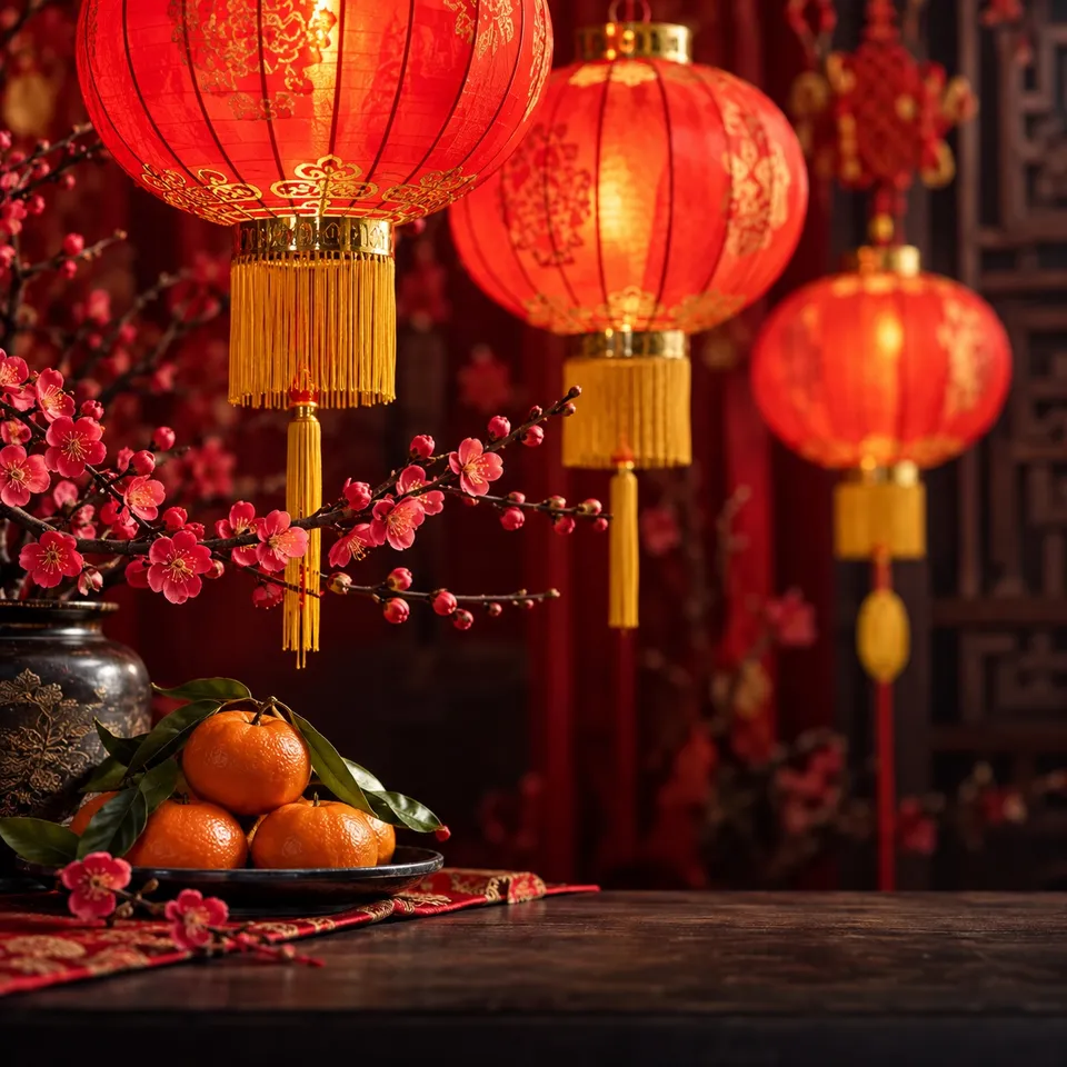 Red lanterns, blossoms, and mandarin oranges