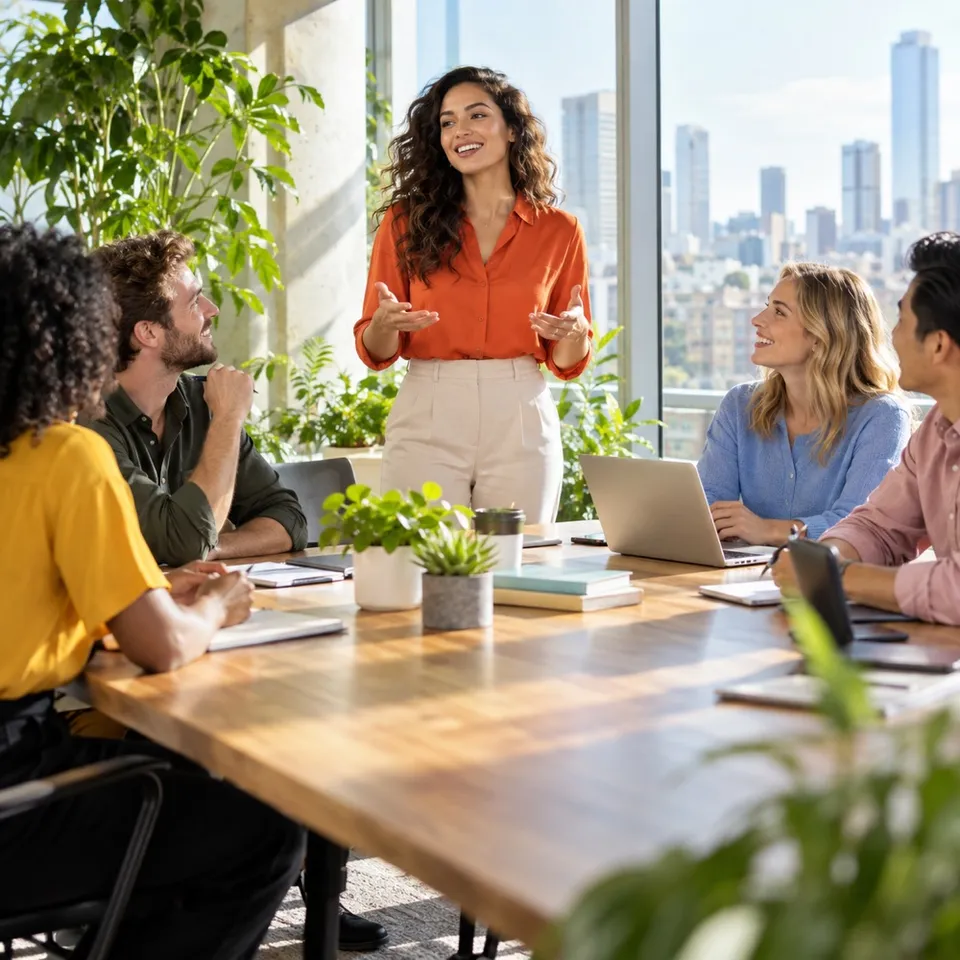 An AI-created professional presenting to colleagues
