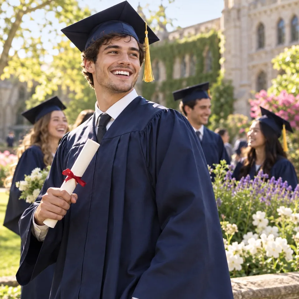 An AI-created graduate celebrating outside