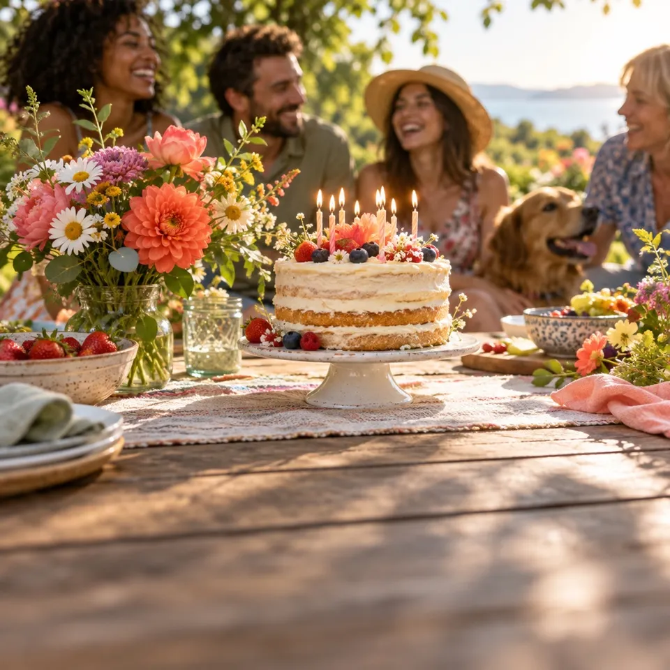 A sunny outdoor birthday table with flowers, cake, and AI-created guests