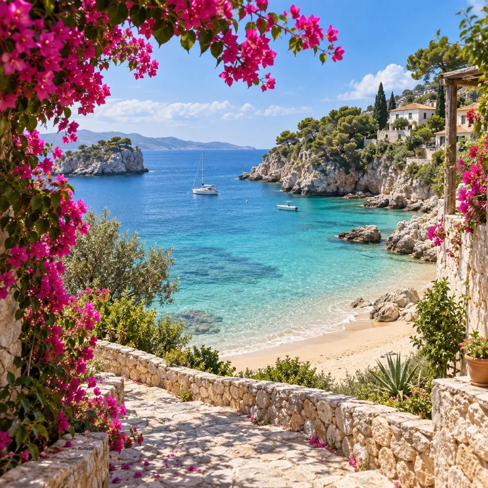 A sunny blue bay framed by bright pink flowers