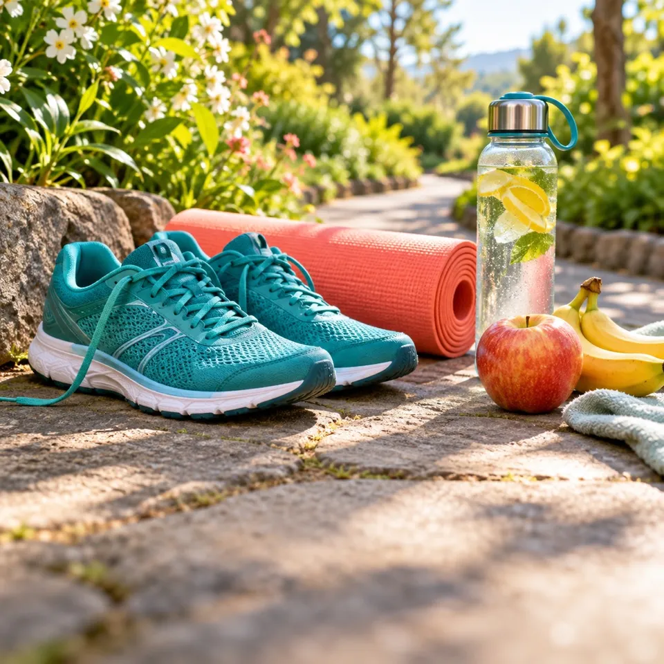 Running shoes, a coral exercise mat, and a water bottle in a sunny garden
