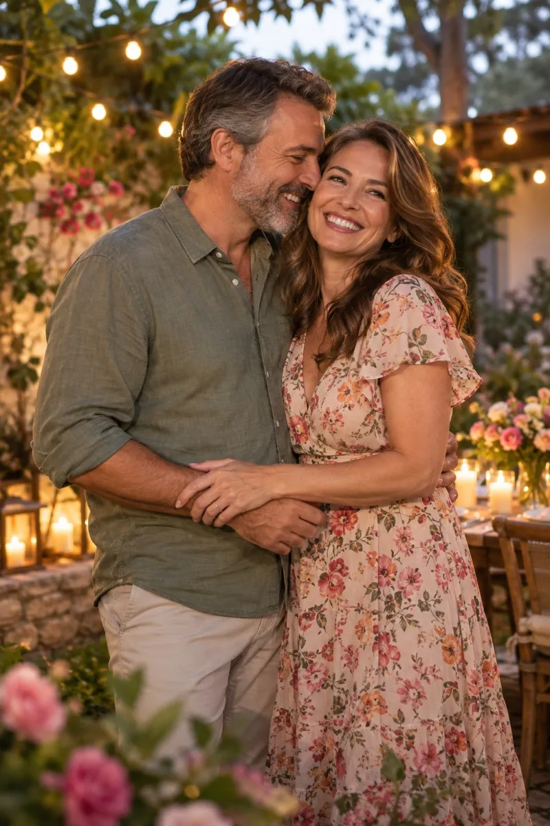 An AI-created couple embracing in a garden