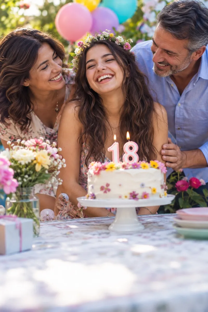 An AI-created young adult celebrating with their parents