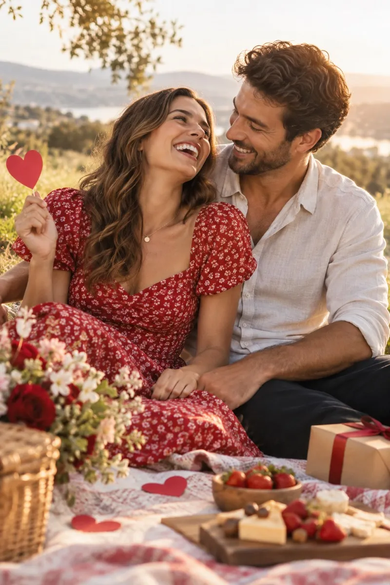 An AI-created couple laughing at a picnic