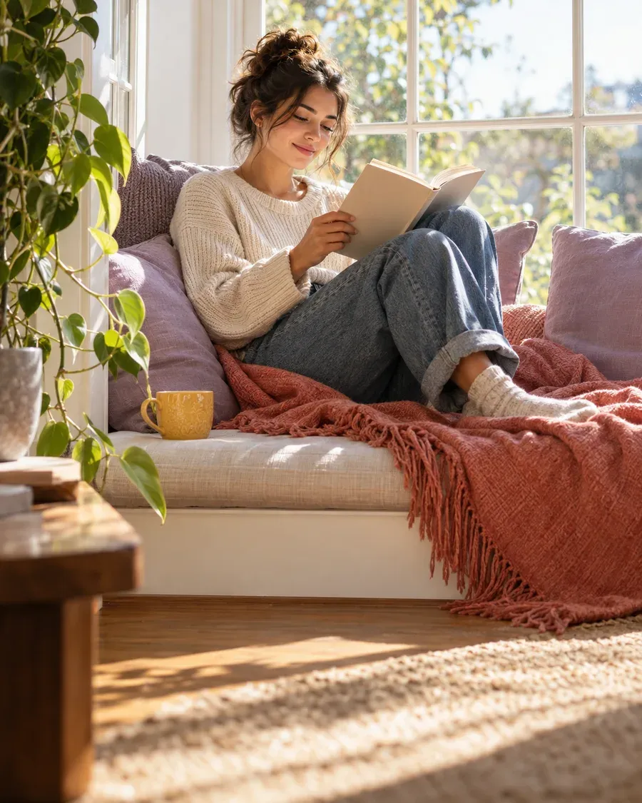 An AI-created woman reading in a sunny window seat
