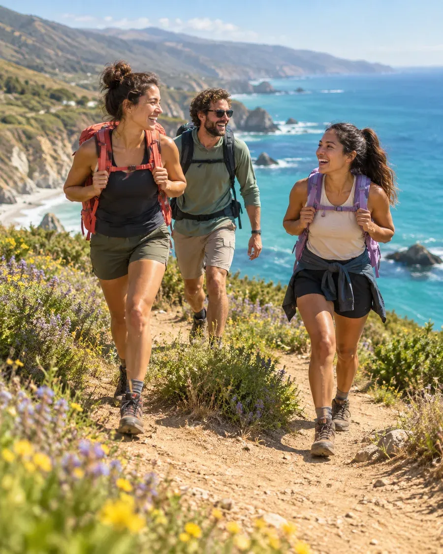 Three AI-created friends hiking beside the sea